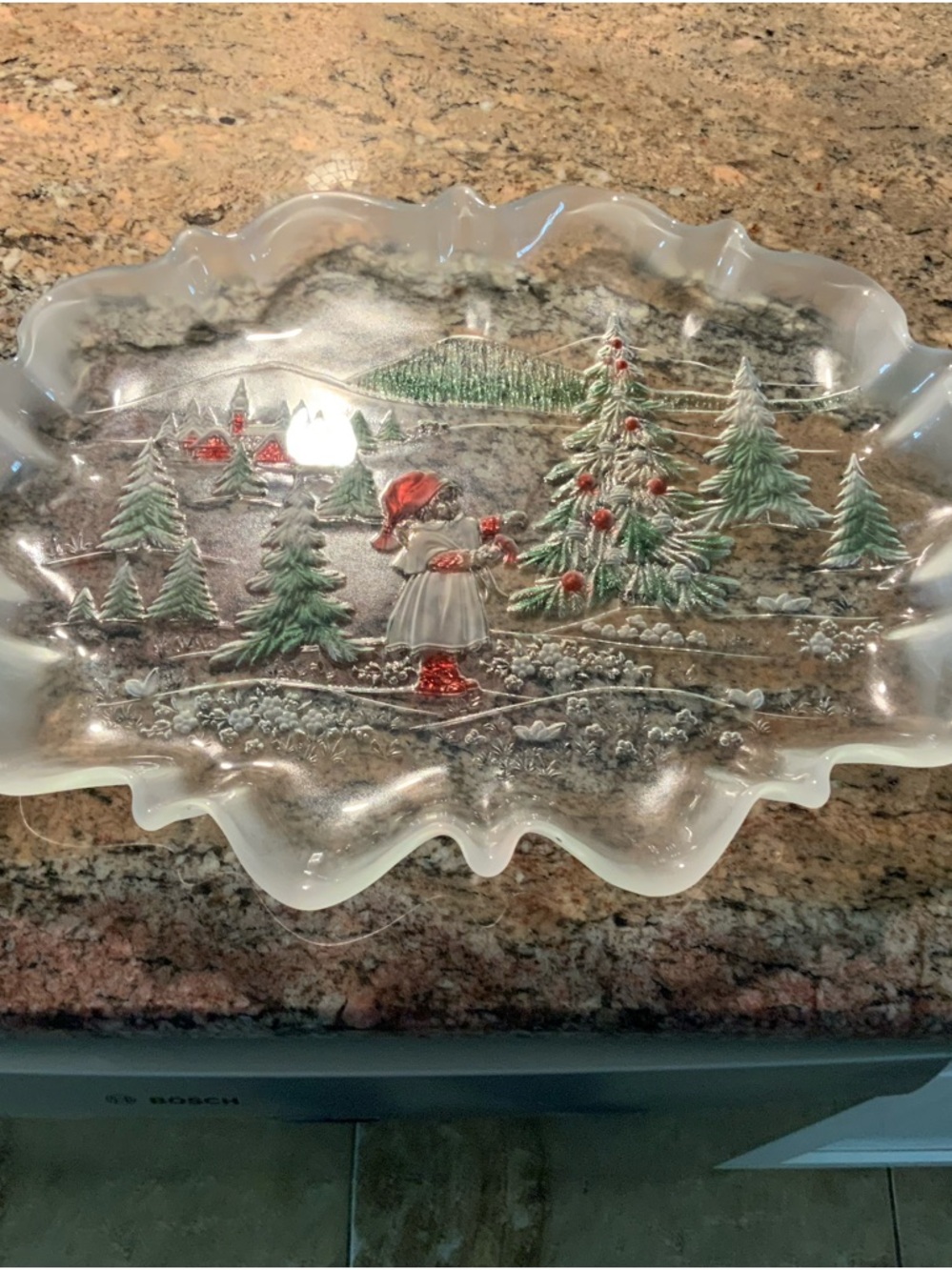 Vintage Frosted Glass Holiday Serving Platter with a Winter Wonderland Theme